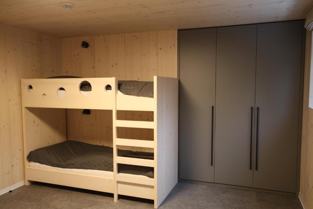 a small bedroom with a bunk bed and a cabinet at Chata Jestřábník in Dolní Morava