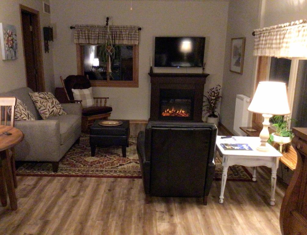 a living room with a couch and a fireplace at Big Hollow Guest House in Spring Green