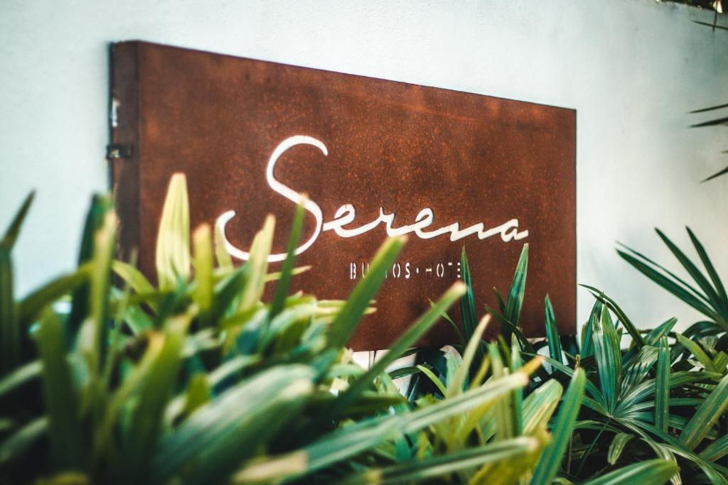 Un signe avec le mot serrano est derrière certaines plantes dans l'établissement Serena Buzios, à Búzios