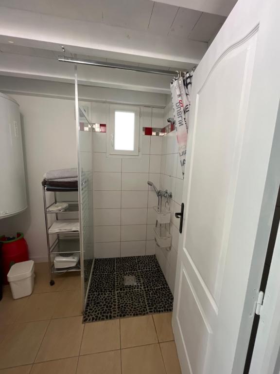 a bathroom with a shower stall and a toilet at Maison de vacances in Coufouleux