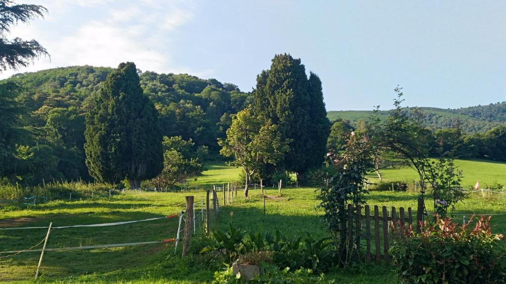 einen Zaun auf einem Feld mit Bäumen im Hintergrund in der Unterkunft Les chambres d'Agath'ânes in Ganac