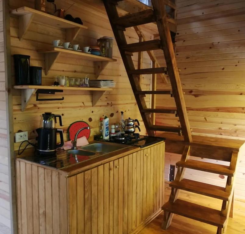een keuken met een wastafel en een trap in een cabine bij YEŞİL BAHÇE EVLERİ 