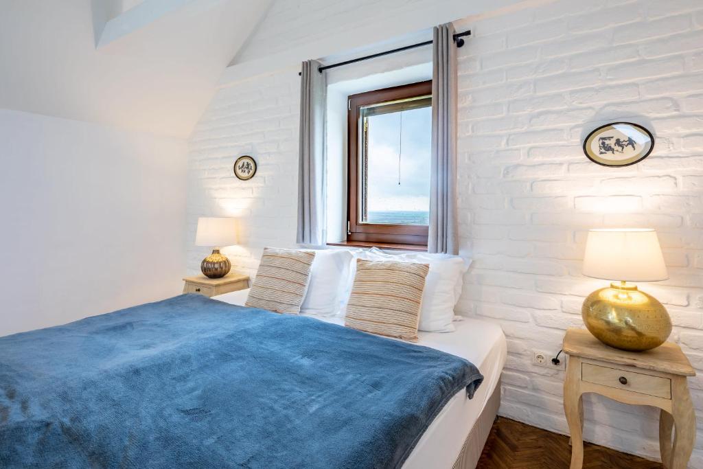Un dormitorio con una cama azul y una ventana en The real relaxation at winery, en Somlószőlős