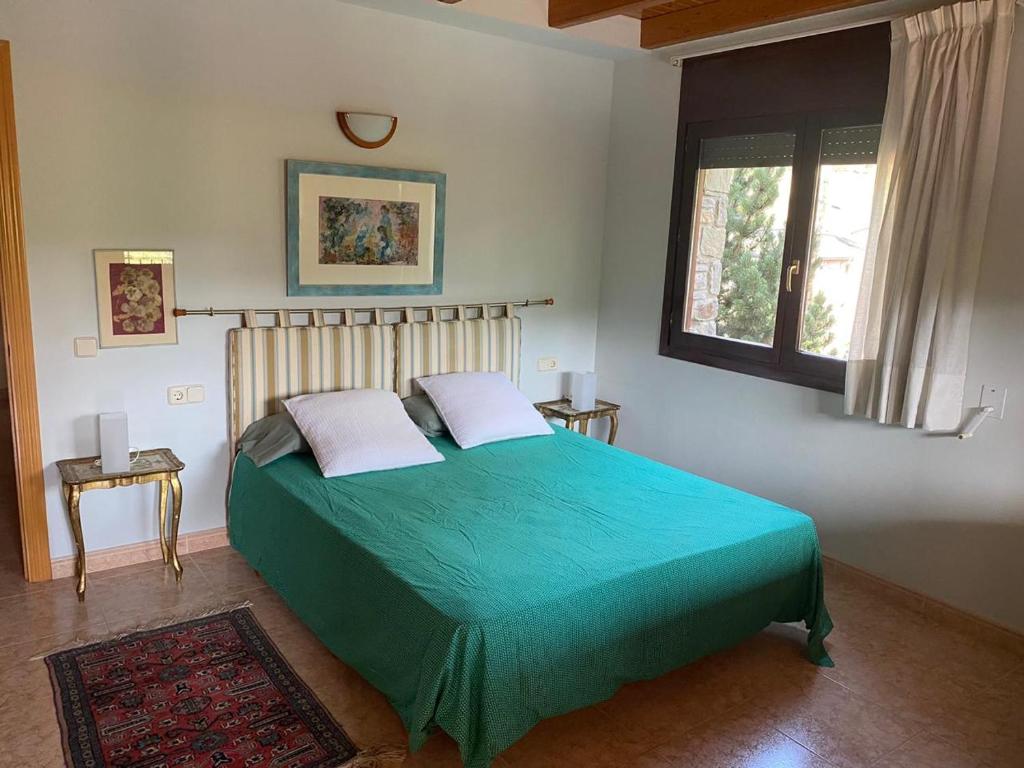 1 dormitorio con 1 cama verde y 2 almohadas en Ca la Sophie a 8km Andorra, en Anserall