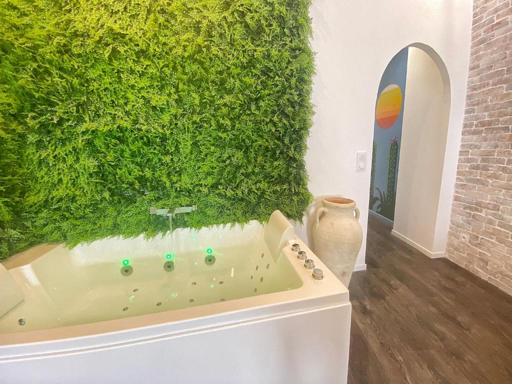 a green wall in a room with a bath tub at La suite Carthagène des Indes - centre ville , spa & terrasse privée in Béthune