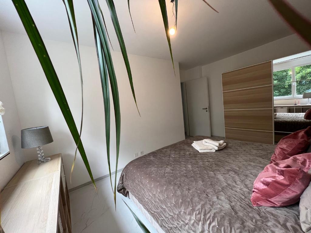 1 dormitorio con cama y planta en Terrasse de lavaux chambre privée, en Puidoux