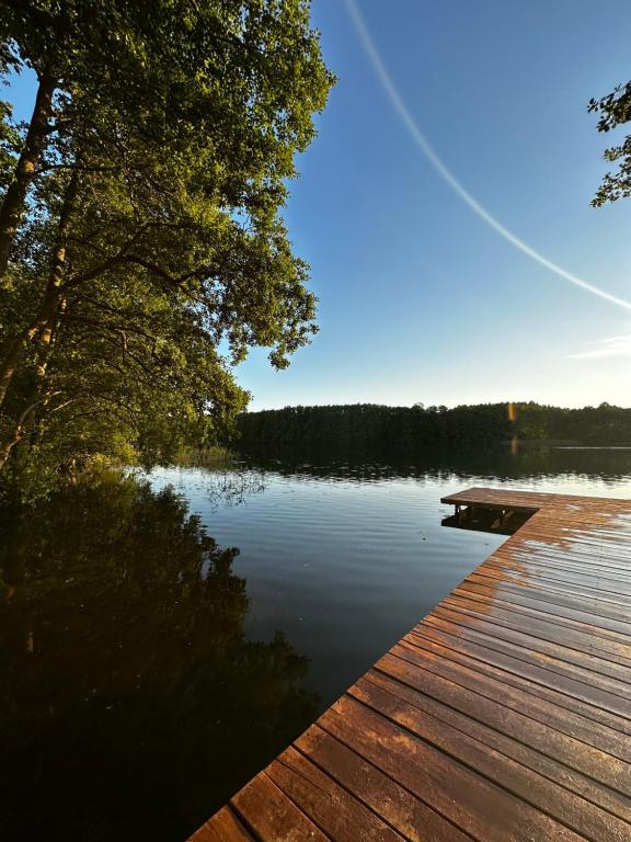 Wooden dock extending into a calm lake under a clear sky.