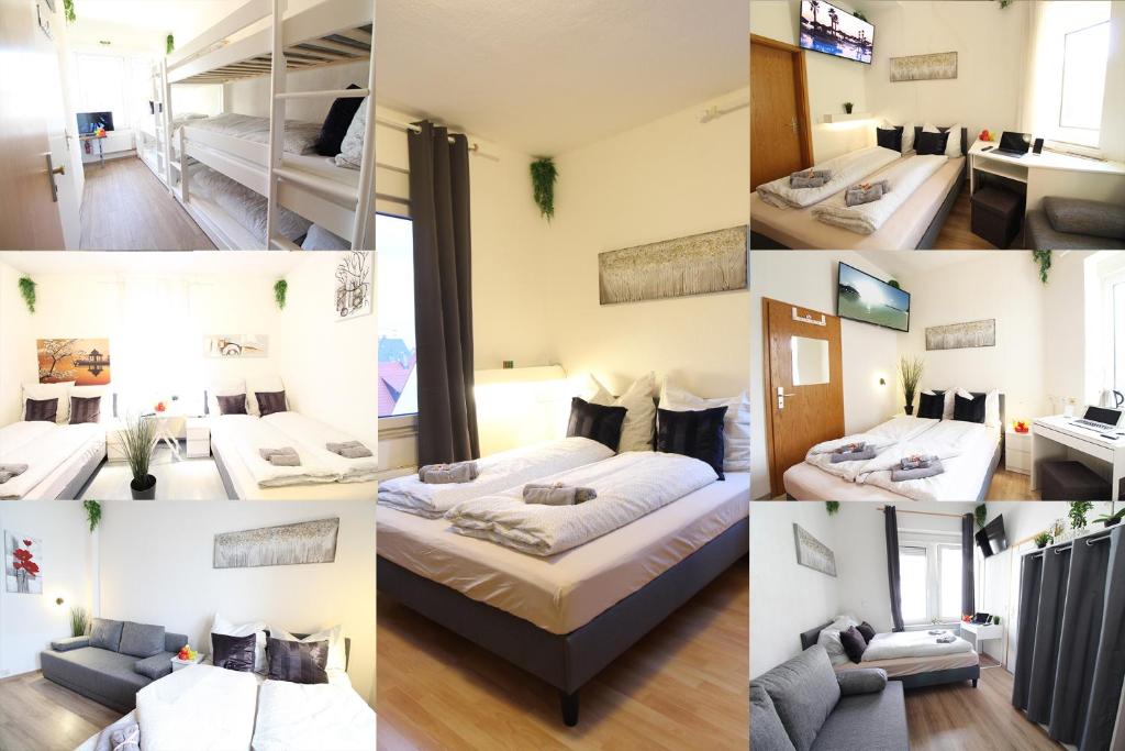 een collage van foto's van een hotelkamer bij Downtown Apartments Ulm - im Herzen von Ulm & komfortable Boxspringbetten in Ulm
