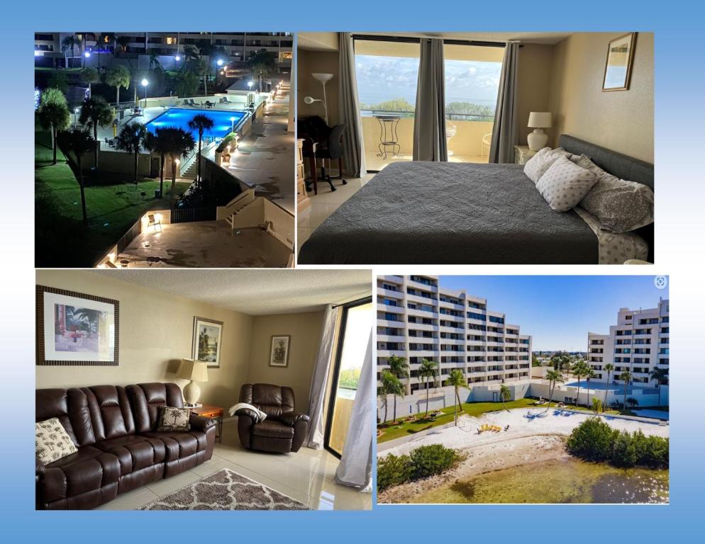 un collage de tres fotos de una habitación de hotel con cama y vistas en Cozy Gulf of Mexico Resort Condo #603 in Hudson en Hudson