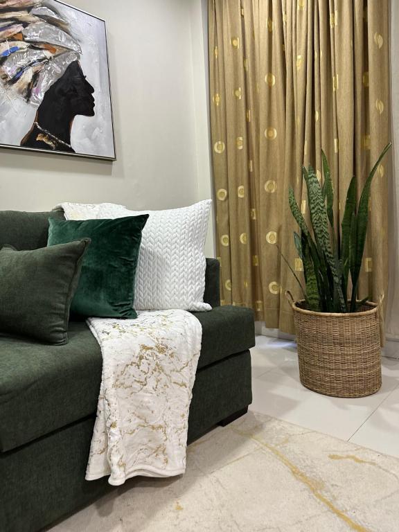 a living room with a green couch and a plant at Kaya Apartments in Lusaka