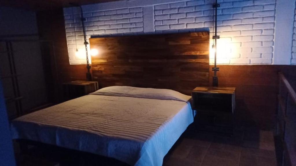 Un dormitorio con una cama con dos luces. en Casa Chicharras Oaxaca, en Oaxaca City