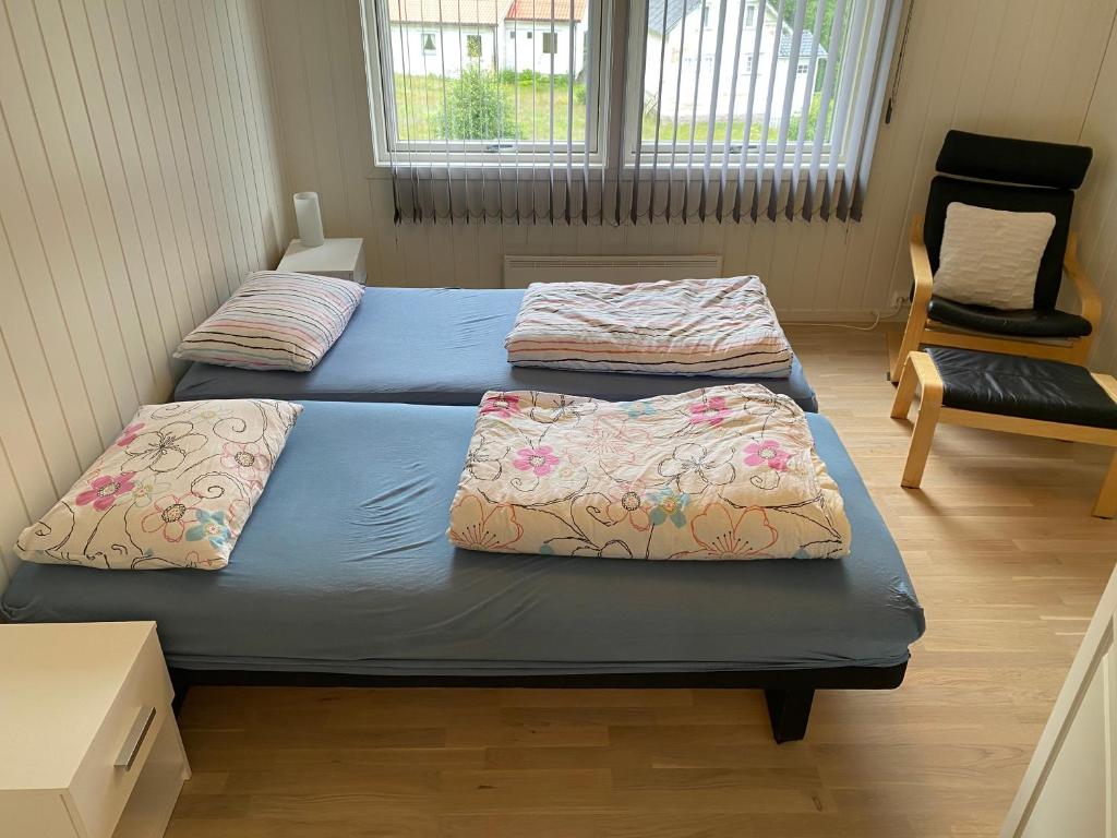 um quarto com duas camas e uma cadeira em Sirdal em Tjørhom