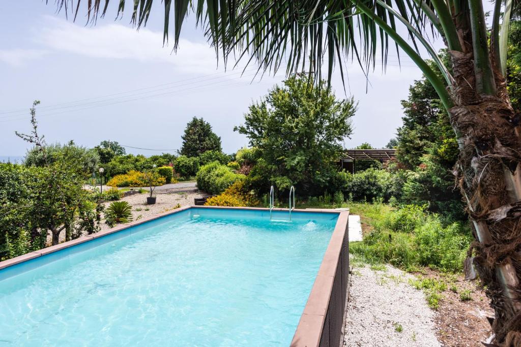 una piscina in un giardino con una palma di Loft Sole by Wonderful Italy a Giarre
