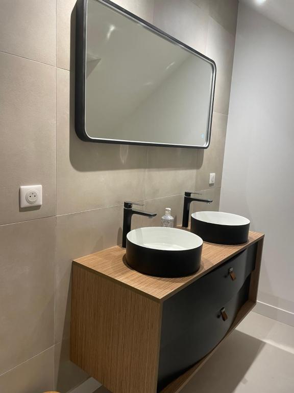 a bathroom with a sink and a mirror at Logement B / Clos des Saunières in Bligny-lès-Beaune