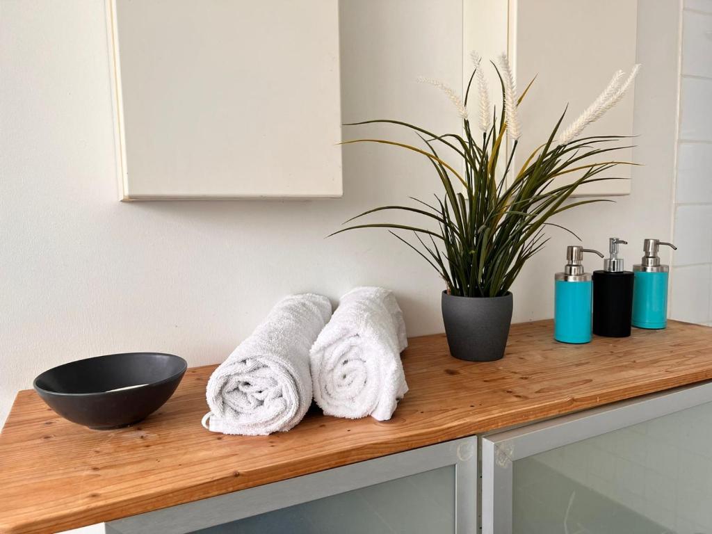 a wooden counter with towels and a plant on it at Country guesthouse in Gadstrup