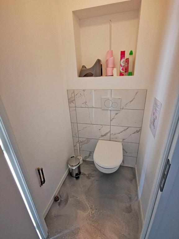 a bathroom with a toilet in a small room at A l&#39;Orée du Lac, 500m lac de Chamboux in Saint-Martin-de-la-Mer