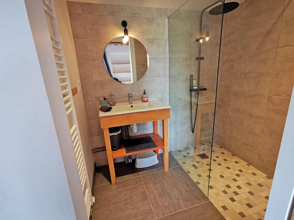 a bathroom with a sink and a shower at A l&#39;Orée du Lac, 500m lac de Chamboux in Saint-Martin-de-la-Mer