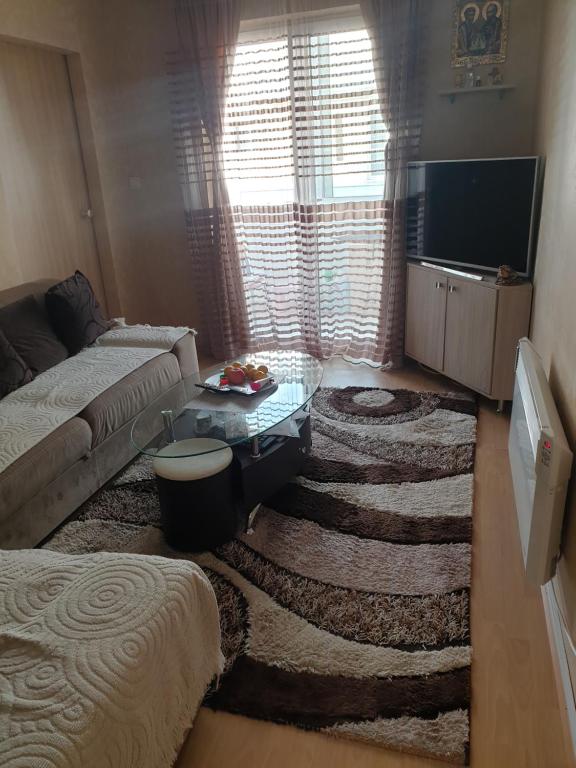ein Wohnzimmer mit einem Sofa und einem Tisch in der Unterkunft Apartman Batuta in Budva