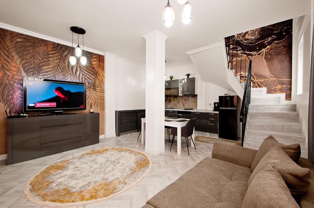 uma sala de estar com um sofá e uma televisão em VILA REYNA em Galaţi