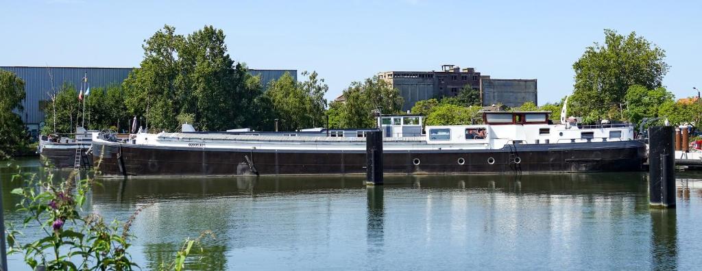 Ein Boot liegt an einem Dock im Wasser. in der Unterkunft Bateau péniche Lille - Euratechnologie in Lille