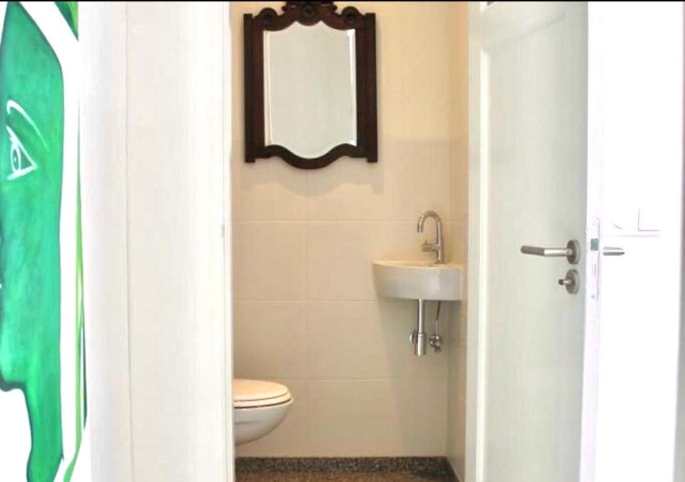 een badkamer met een toilet, een wastafel en een spiegel bij Apartment close to campus in Nijmegen