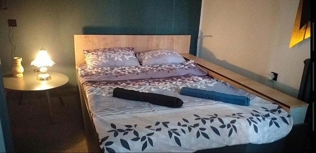 uma cama com duas almofadas com uma mesa em Calipso1 em Niš