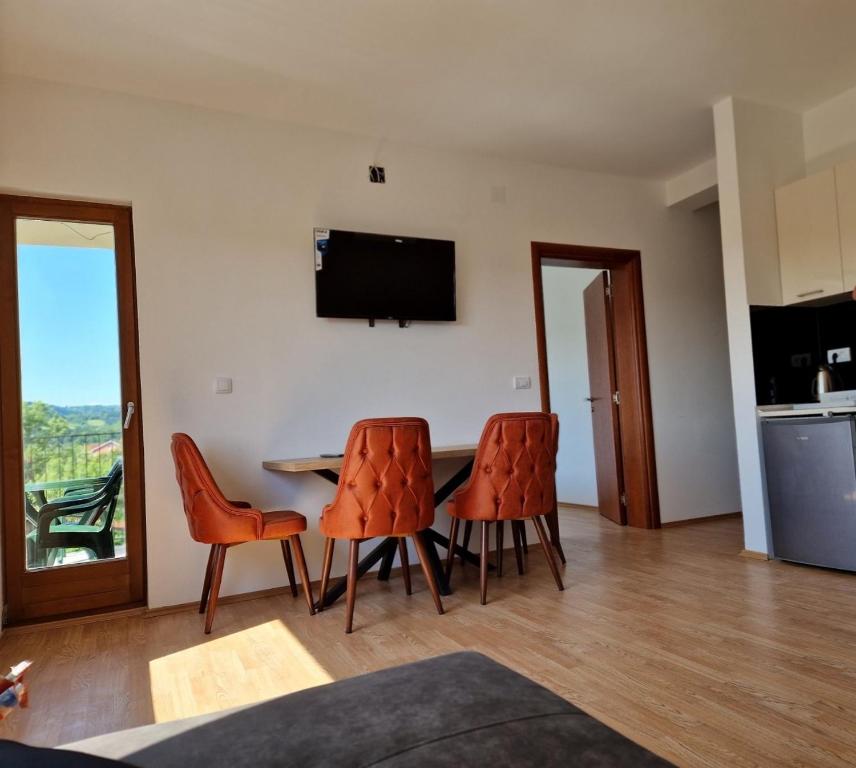 ein Wohnzimmer mit einem Tisch, Stühlen und einem TV in der Unterkunft Ime Ruze apartmani Banja Vrujci in Gornja Toplica