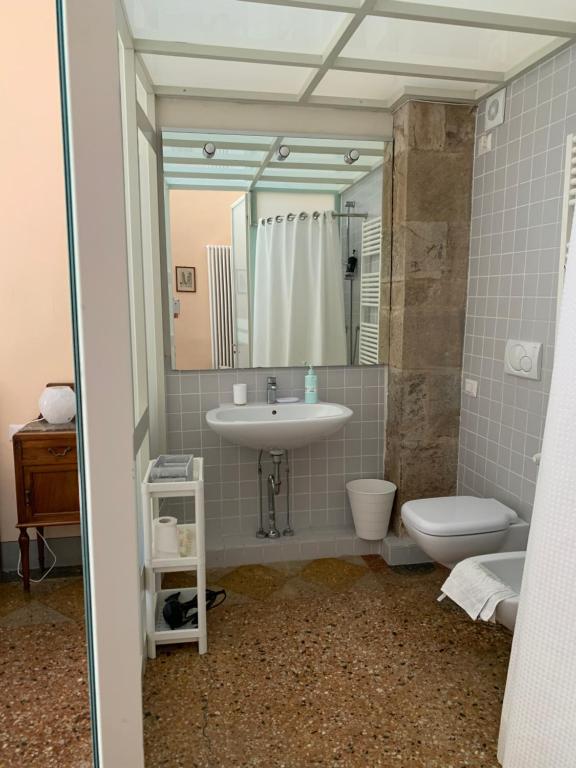 a bathroom with a sink and a toilet and a mirror at CASA BENVENUTI in Pisa