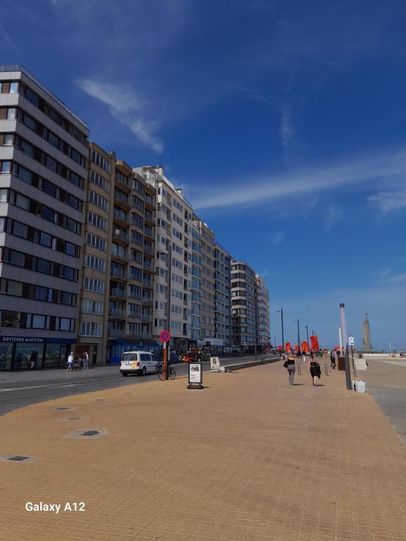 une rue de la ville avec de grands bâtiments et des gens qui marchent dans l'établissement App Seaview Albert I, à Ostende