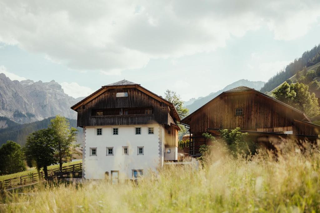 a white house with wooden roofs in a field at Ostí Vedl in San Martino in Badia