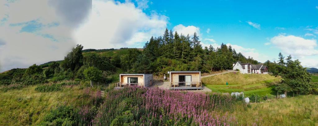 una casa en la cima de una colina con flores púrpuras en Ceol Mor Highland Lodges, en Lairg
