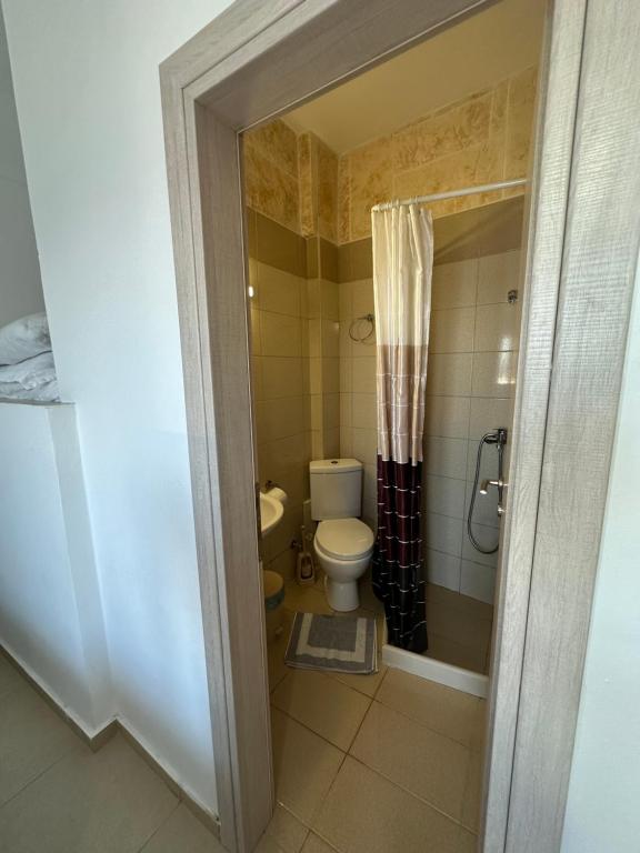 a bathroom with a toilet and a shower at House With View in Paránimfoi