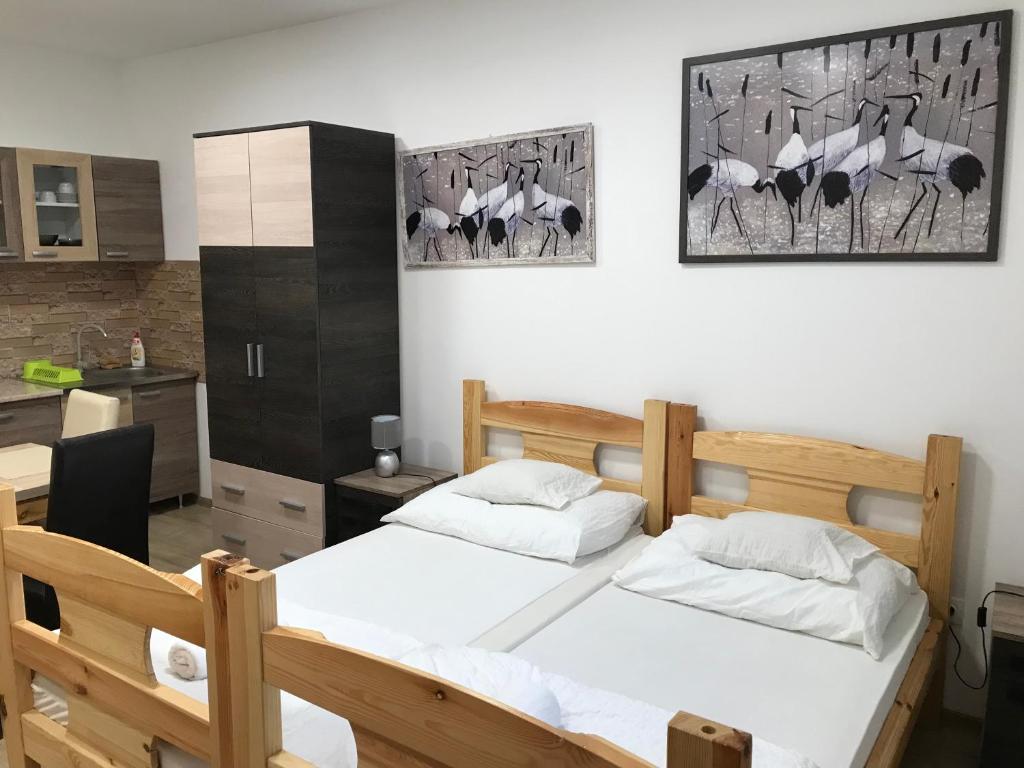 two beds in a room with a kitchen at Tó-Party Apartman in Kiszombor