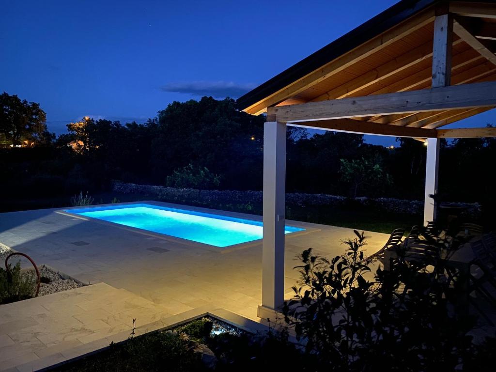 a swimming pool in a backyard at night at Villa Yucca Istra in Labin