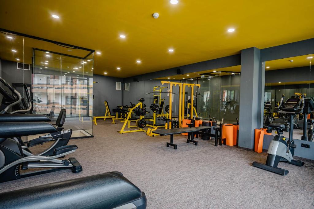 a gym with treadmills and machines in a room at Bakuriani Inn in Bakuriani