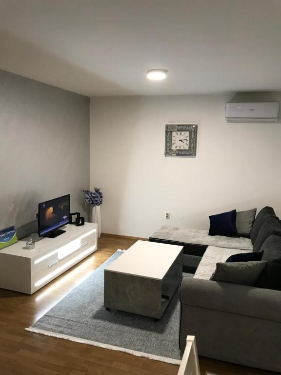 uma sala de estar com um sofá e uma televisão em Apartman/Stan na dan Teslić em Teslic