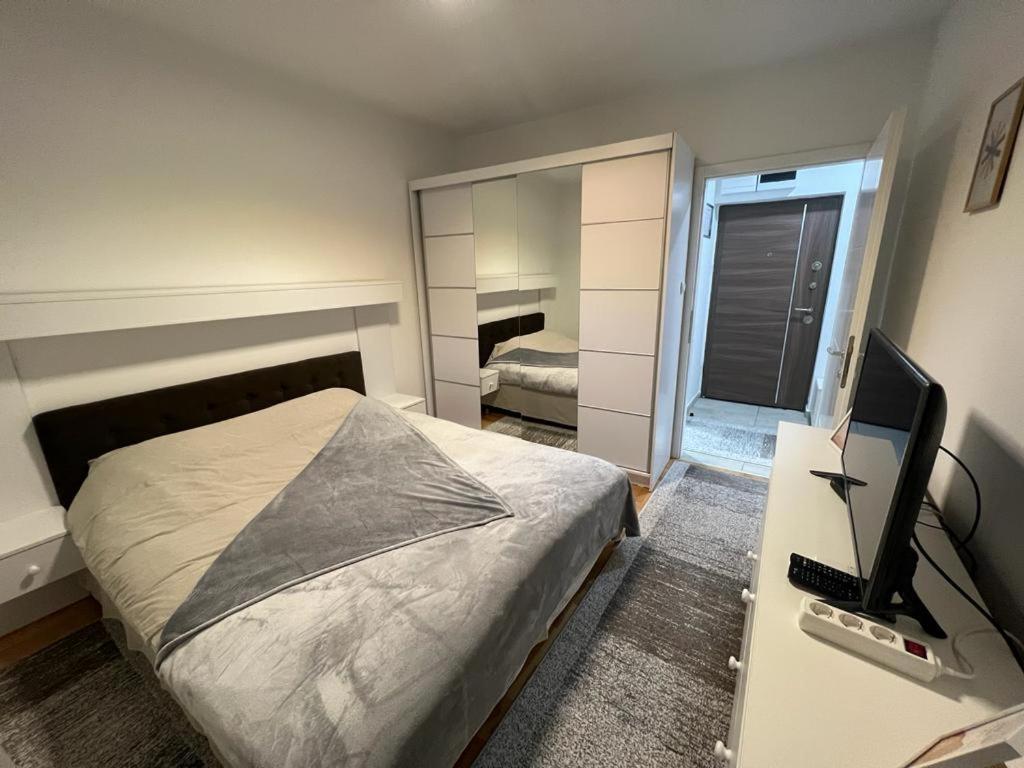 una camera con letto e scrivania con TV di Loft Luxury Apartment a Pirot