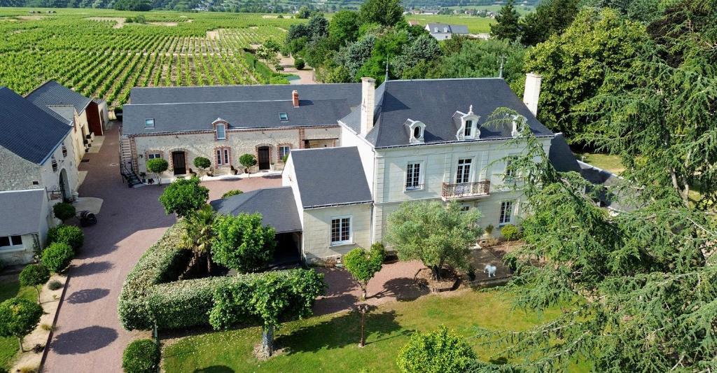 eine Luftansicht eines großen Hauses mit Hof in der Unterkunft Cave Auger La Maison d'Hôtes in Restigné