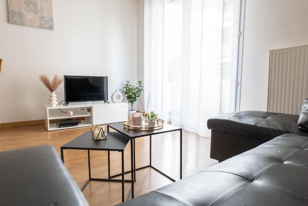 a living room with a couch and a tv at Golden Location in Bagnolet