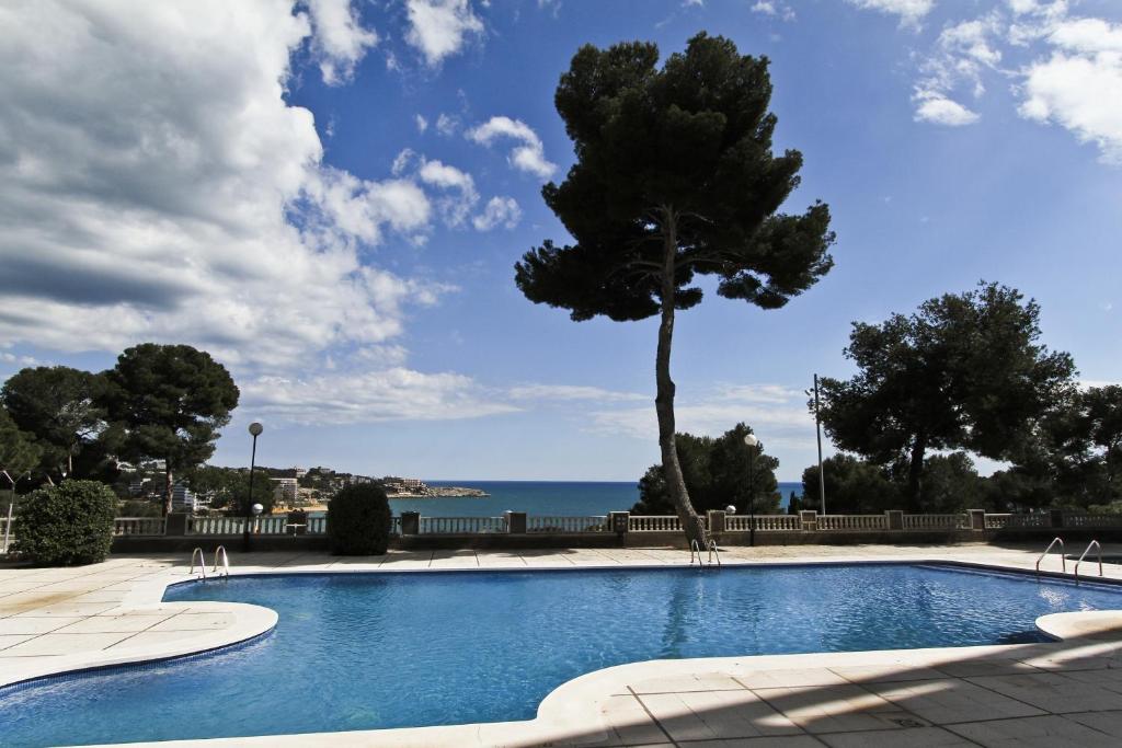 una piscina con un árbol y el océano en Eva Vendrell Planet Costa Dorada, en Salou