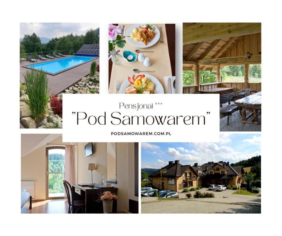 un collage de fotos de una piscina y una casa en Pensjonat pod Samowarem, en Tylicz