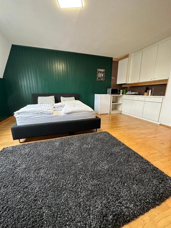 a bedroom with a bed and a green wall at Linz -central condo in Linz