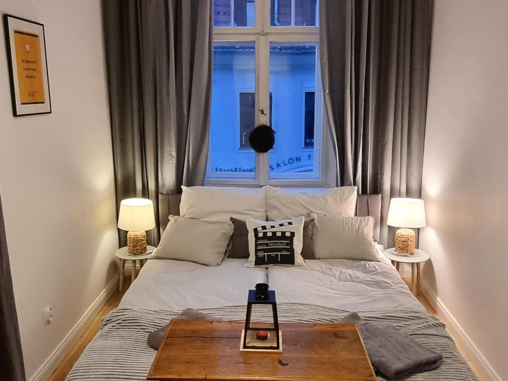 een slaapkamer met een groot bed en een raam bij Brainy Apartments - North in Bydgoszcz