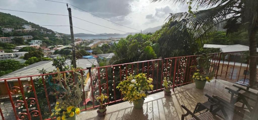 a balcony with potted plants and a view of a city at Smitty's Home Away From Home in Charlotte Amalie