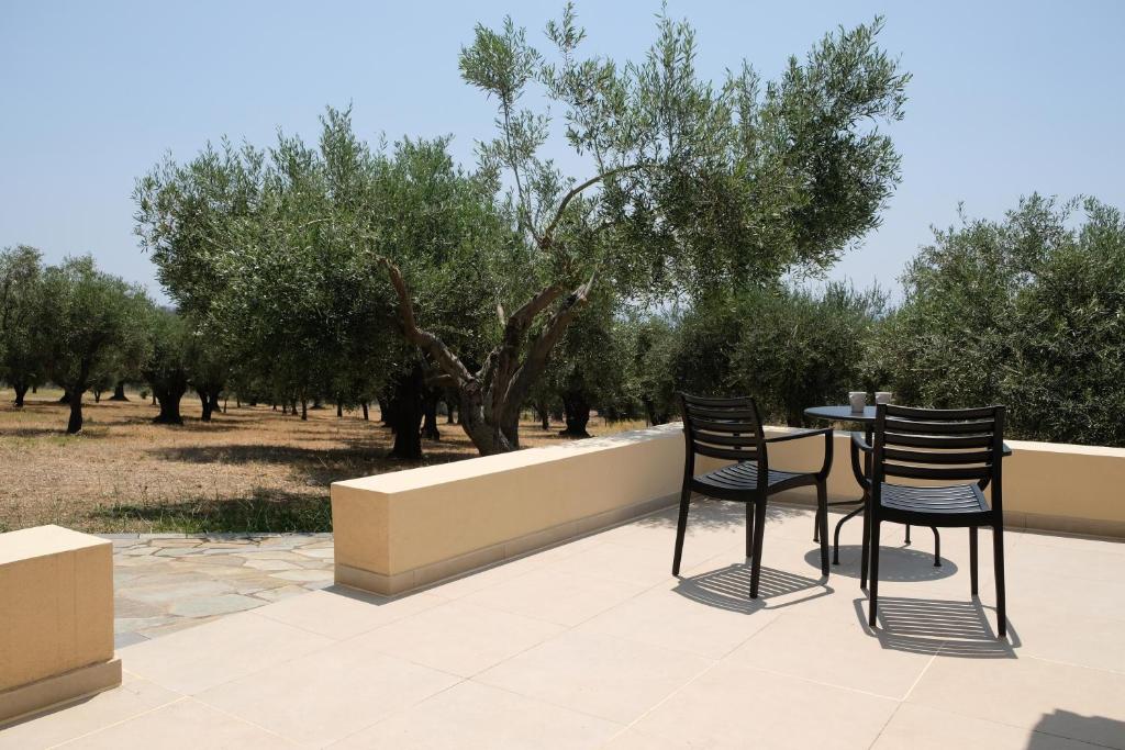 2 Stühle und ein Tisch auf einer Terrasse mit Bäumen in der Unterkunft Aeon Retreat in Rovies
