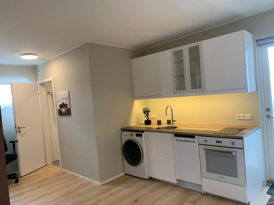 a kitchen with white cabinets and a washer and dryer at Cosy modern apartment for up to 4 ! in Reykjavík