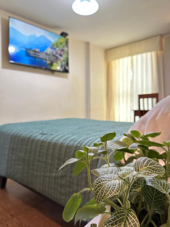 a bedroom with a bed with a tv on the wall at Hotel Palmas Reales in Trujillo