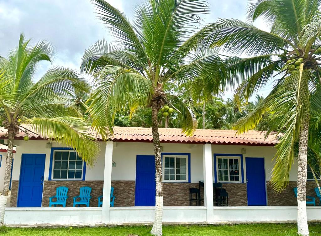 a house with blue doors and palm trees at Panama Dive Adventure in Colón