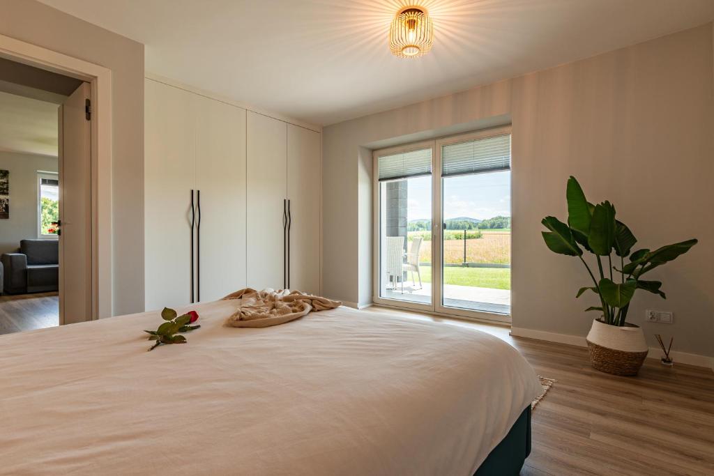 a bedroom with a large bed with a large window at Lamelove Apartments in Chocznia