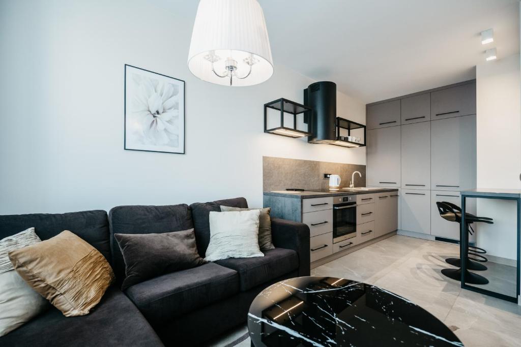 un salon avec un canapé et une cuisine dans l'établissement Nocosfera Apartament Premium Ogrodowy I, à Kalisz